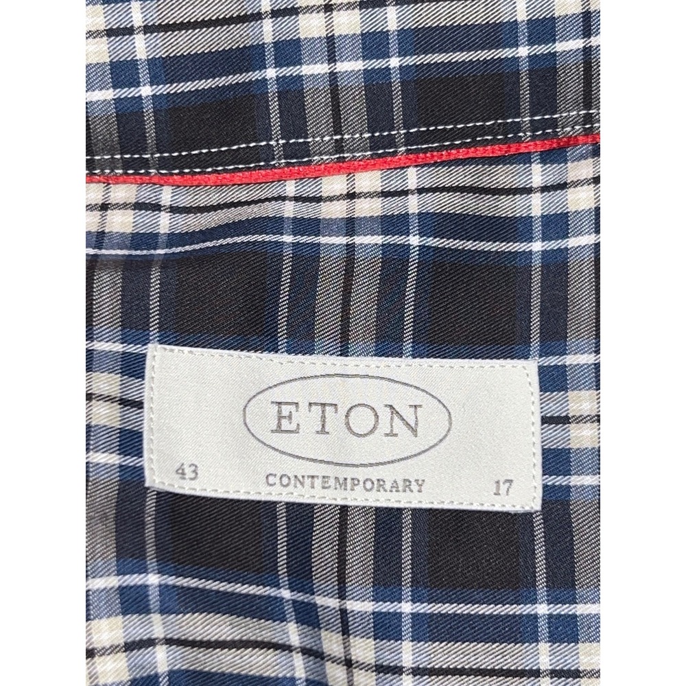 Eton Button Down Shirt Mens 43/17 Navy Black White Contemporary Fit Plaid